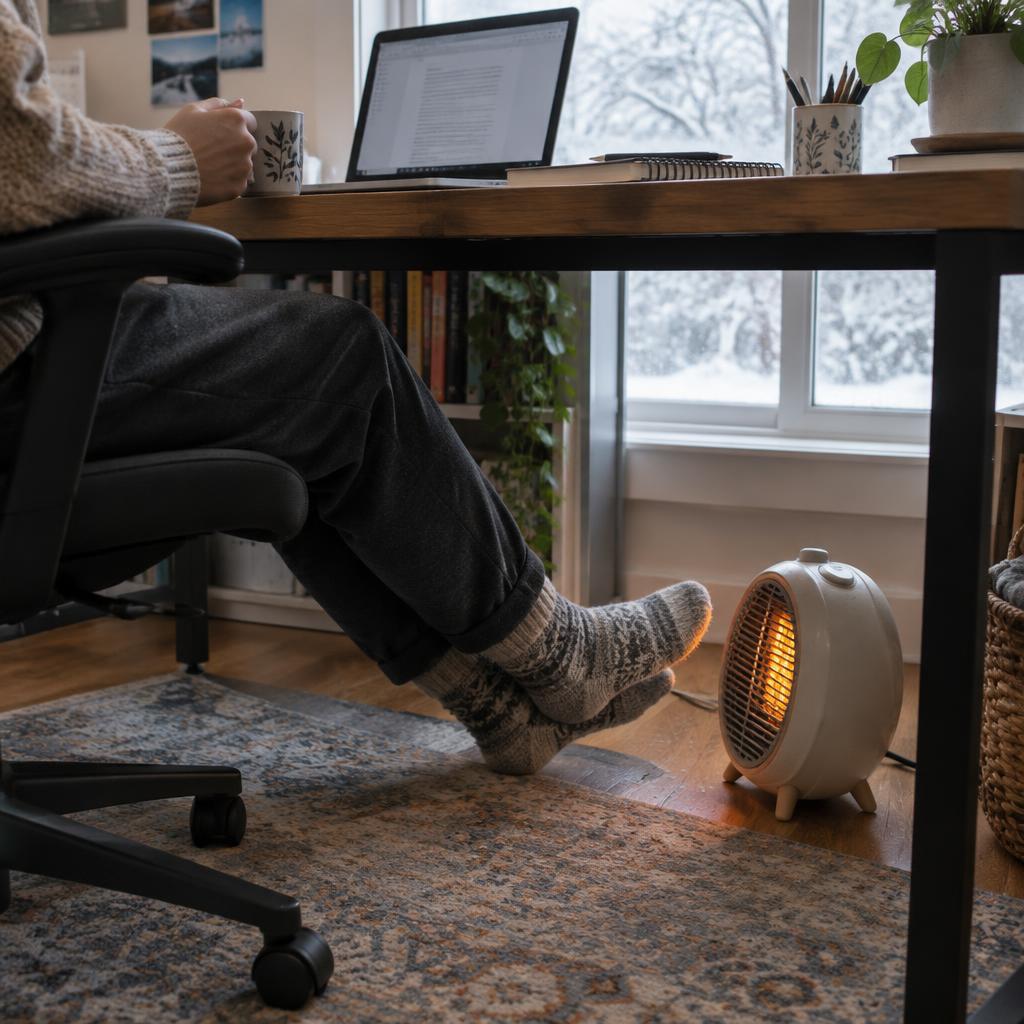 Heater keeping feet warm under a home office desk