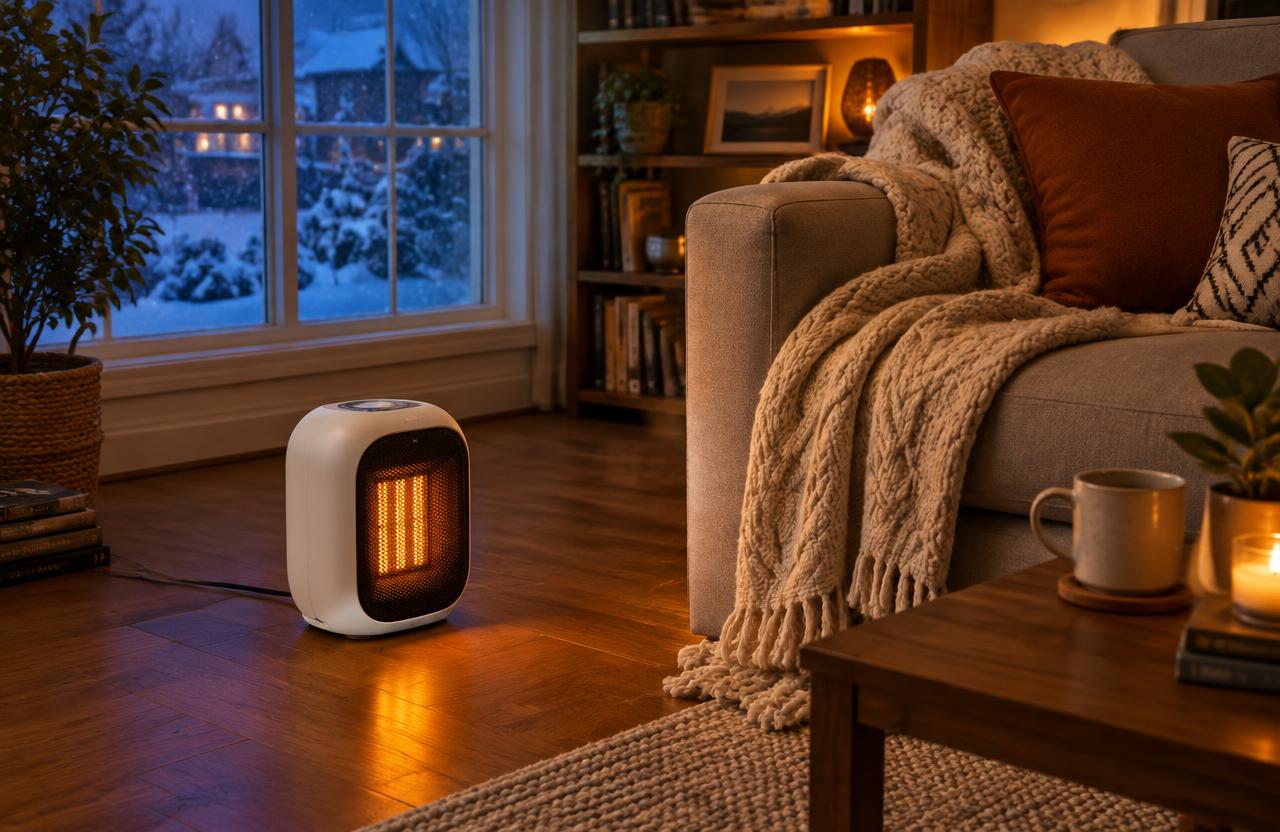 Compact ceramic heater glowing in a cozy living room